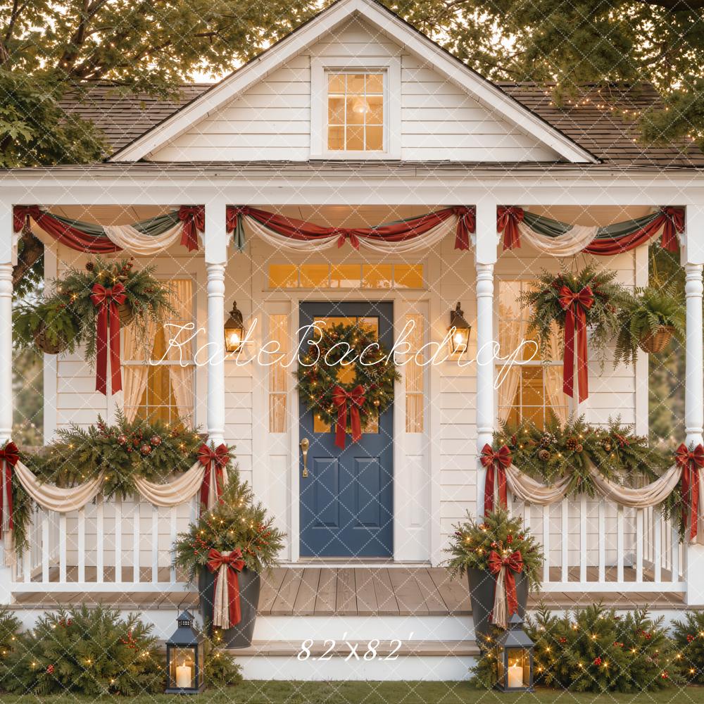 Kate Christmas Porch Garland Wreath Lantern Red Bows Printed Backdrop Designed by Emetselch