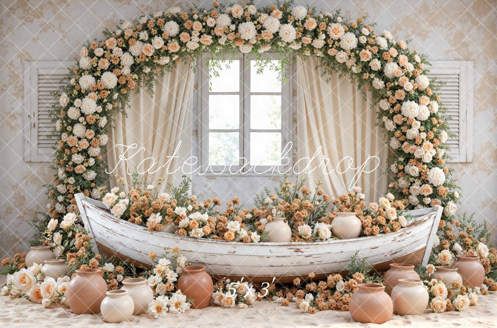 Kate Flower Arch Boat Window Vases Beige Floral Printed Backdrop Designed by Mini MakeBelieve