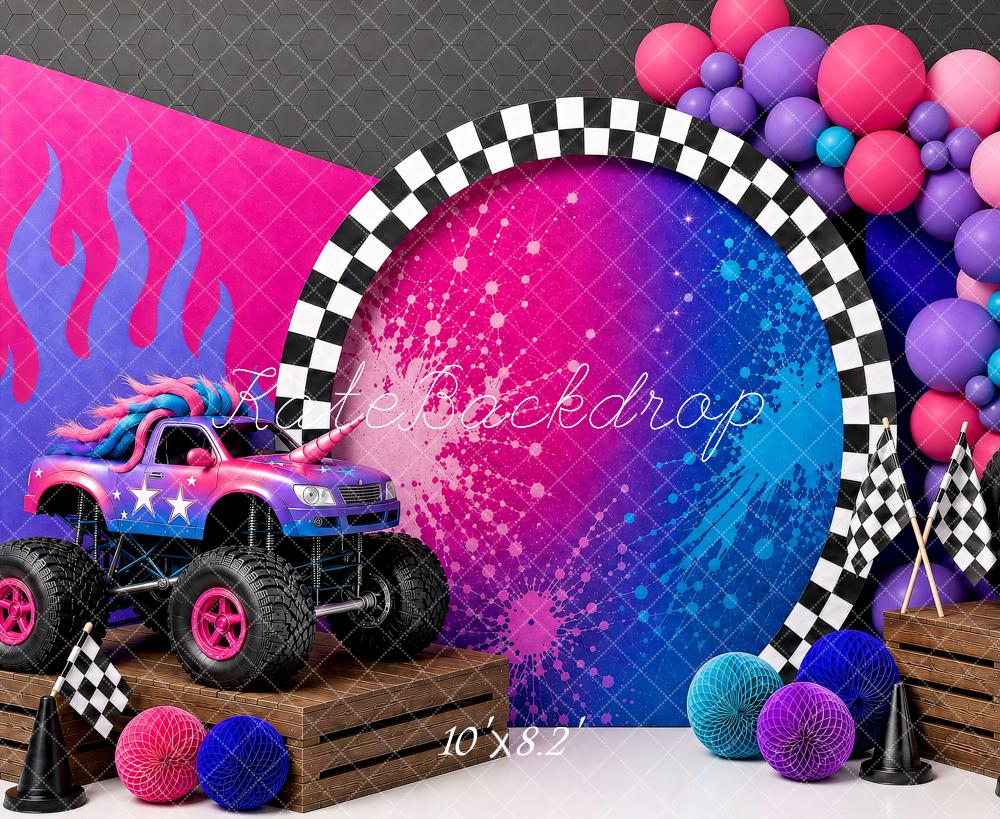 Kate Birthday Truck Racing Checkered Flags Balloons Printed Backdrop Designed by Shutter Swan Studios