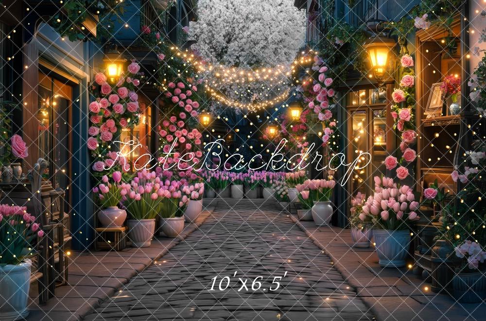 Kate Spring Night Village Floral Street Lanterns Backdrop Designed by Mini MakeBelieve