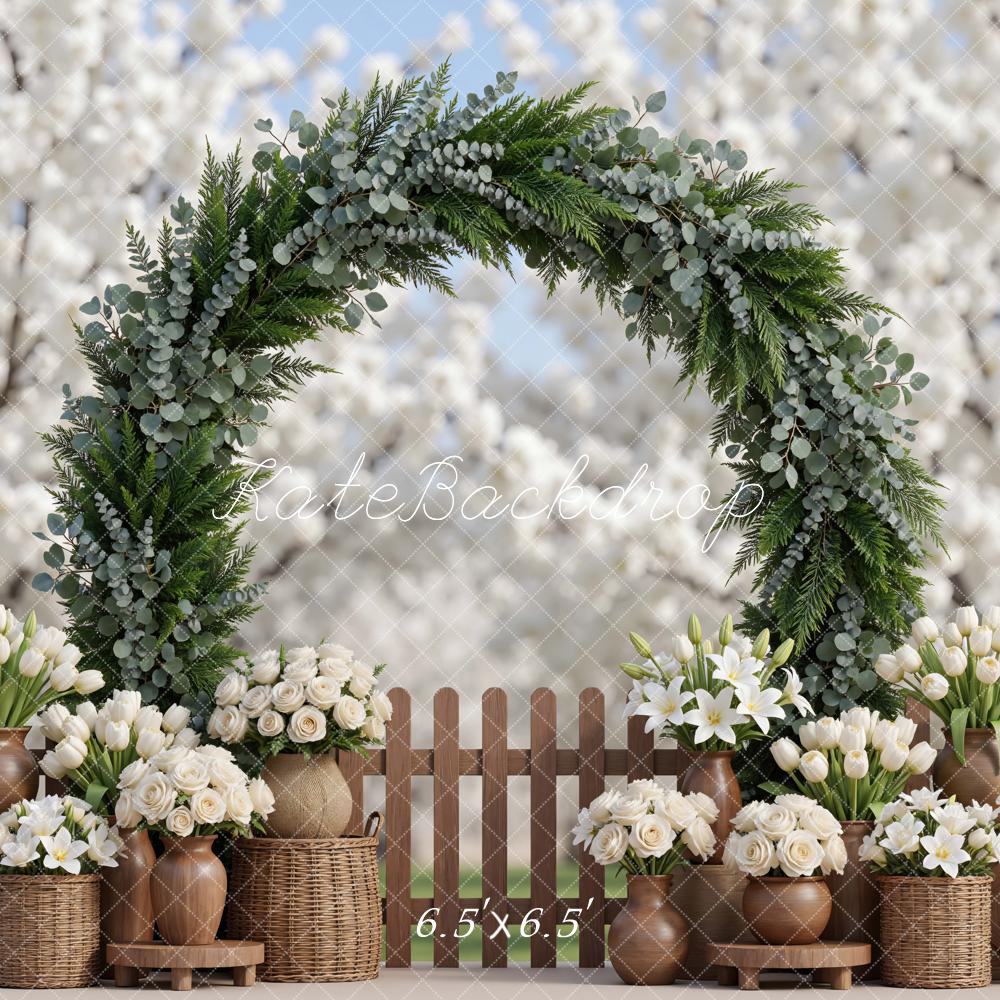 Kate Spring Flower Arch White Tulips Roses Wicker Basket Fence Spring Backdrop Designed by Mini MakeBelieve