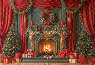 Kate Christmas Fireplace Retro Garland Curtains Tree Gifts Printed Backdrop Designed by Emetselch
