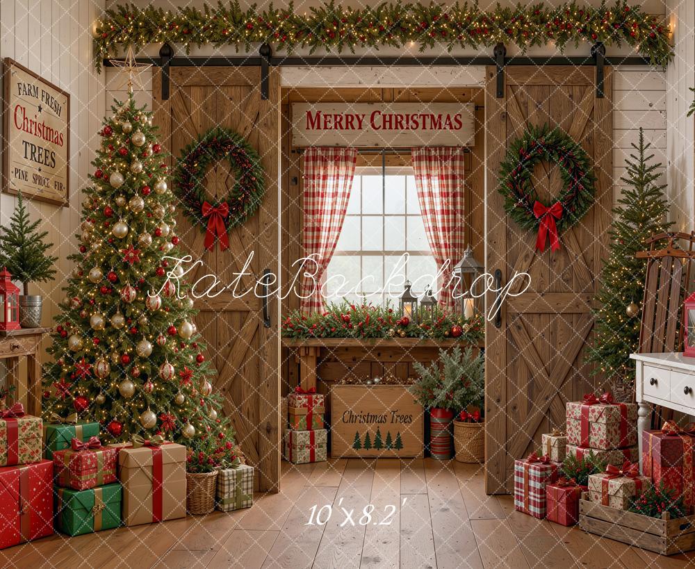 Kate Christmas Wood Barn Doors Tree Gifts Window Plaid Printed Backdrop Designed by Shutter Swan Studios
