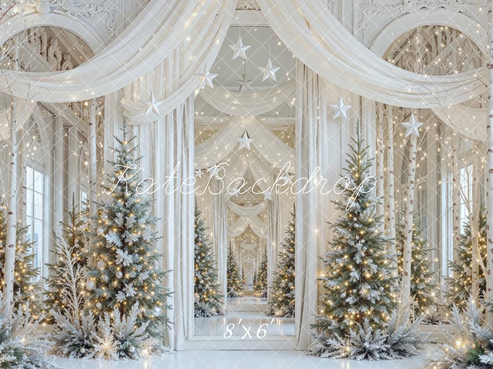 Kate Christmas Mansion Snowy Trees White Draped Curtains Stars Printed Backdrop Designed by Mini MakeBelieve