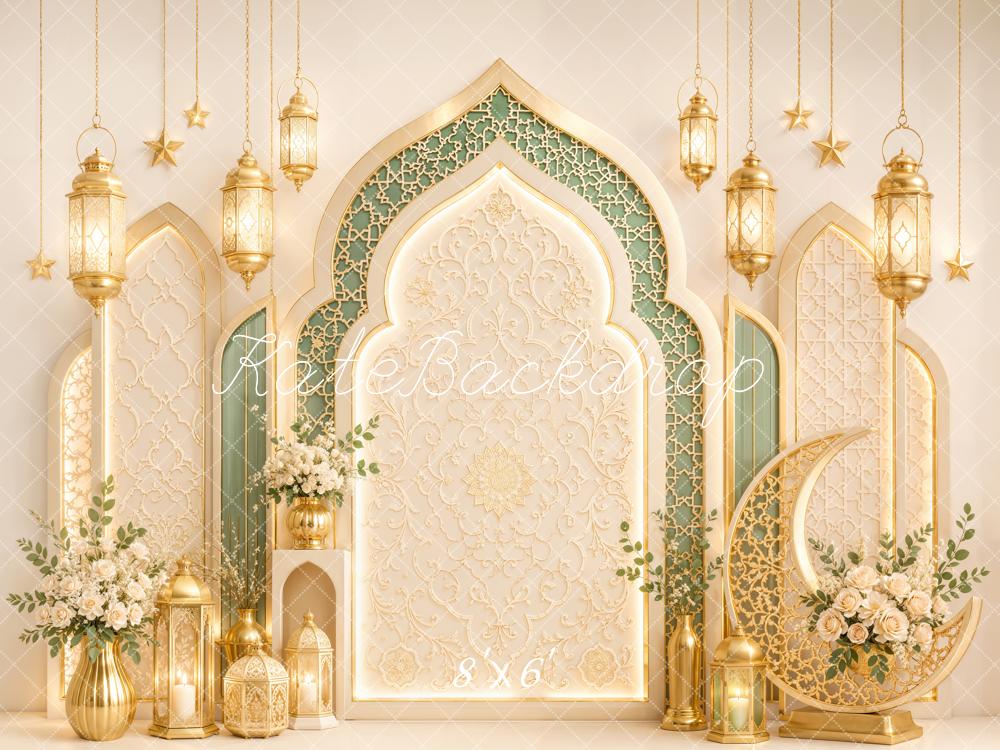 Kate Islamic Gold Arches Lanterns Crescent Moon Printed Backdrop Designed by Emetselch