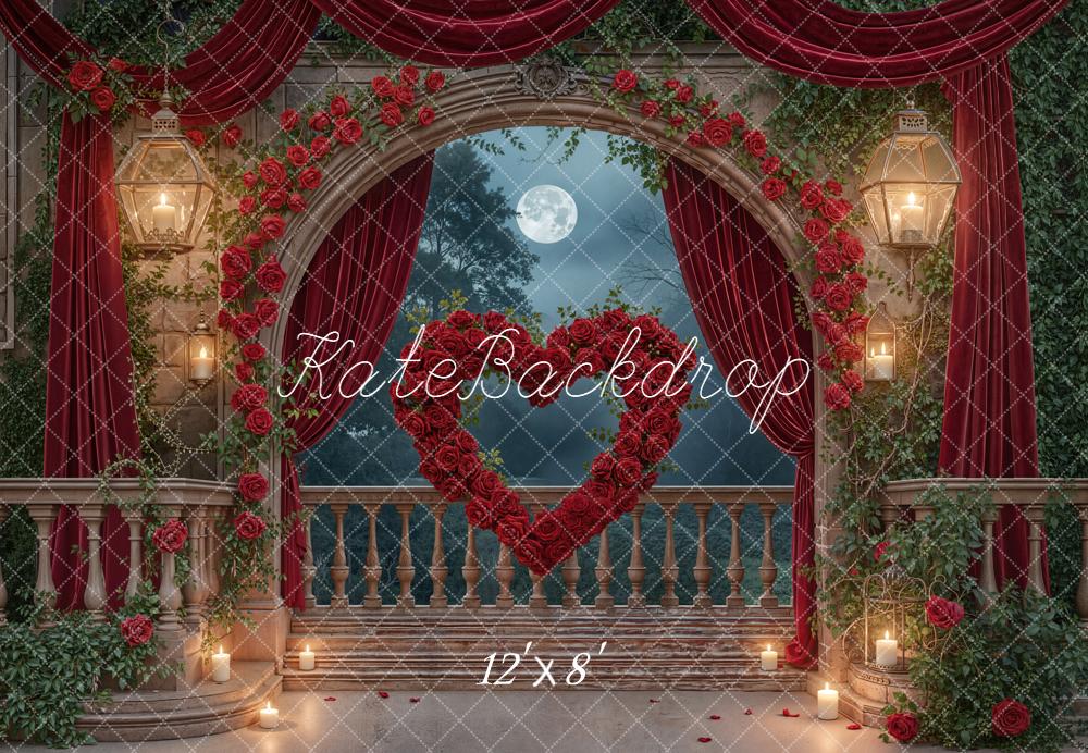 Kate Valentine's Day Red Roses Heart Arch Balcony Moonlight Backdrop Designed by Emetselch