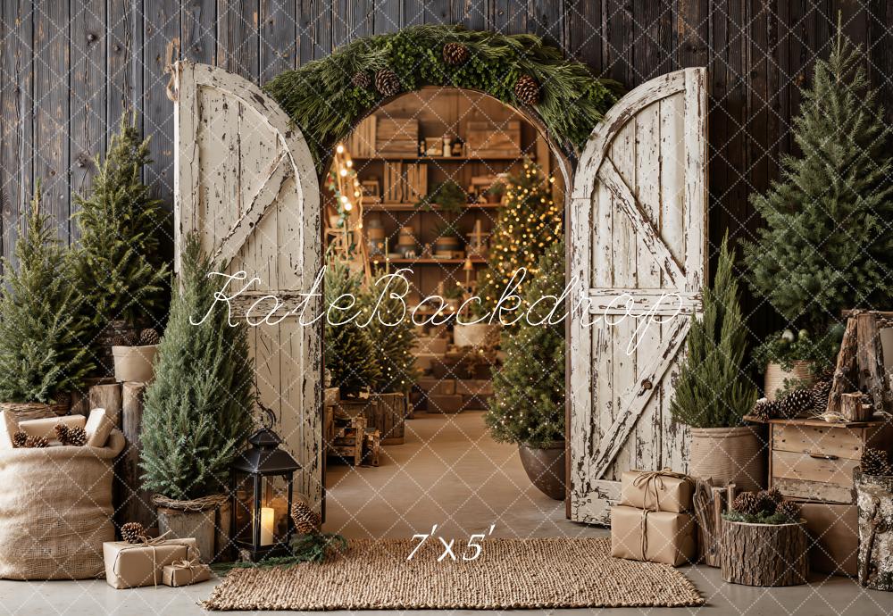 Kate Christmas Rustic Wood Barn Door Archway Pine Trees Printed Backdrop Designed by Emetselch