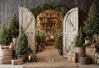 Kate Christmas Rustic Wood Barn Door Archway Pine Trees Printed Backdrop Designed by Emetselch