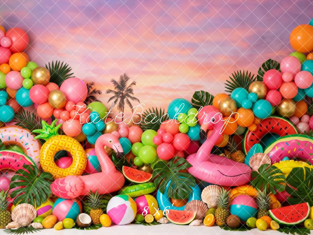 Kate Summer Vibrant Tropical Flamingo Balloons Fruit Palm Tree Sunset Printed Backdrop Designed by Patty Roberts