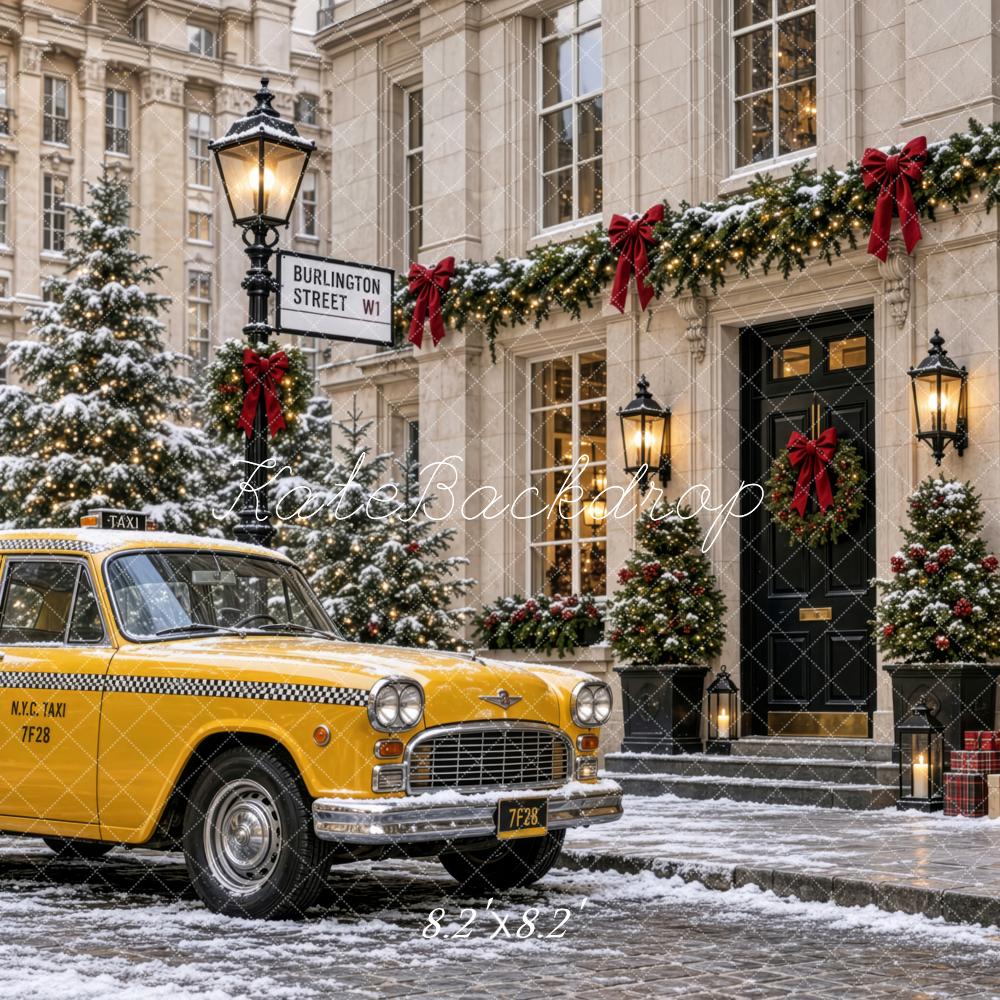 Kate Christmas Urban Snowy City Street Vintage Building Yellow Taxi Printed Backdrop Designed by Patty Roberts