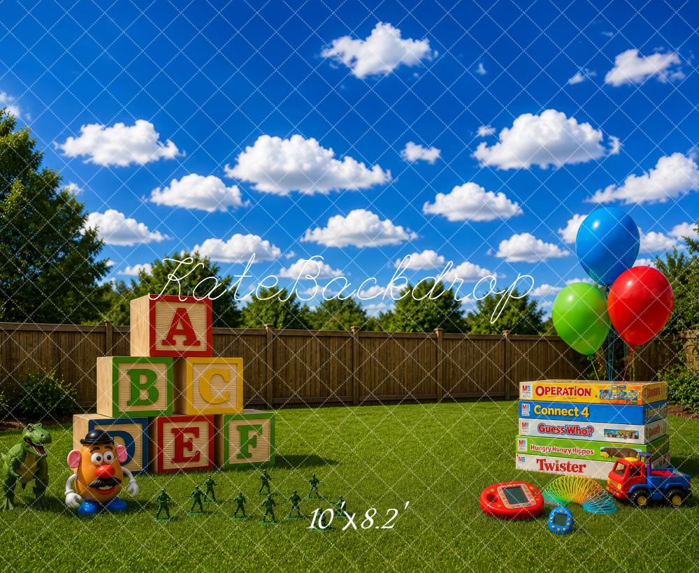 Kate Kids Backyard Toys Balloons Blocks Board Games Printed Backdrop Designed by Megan Leigh Photography