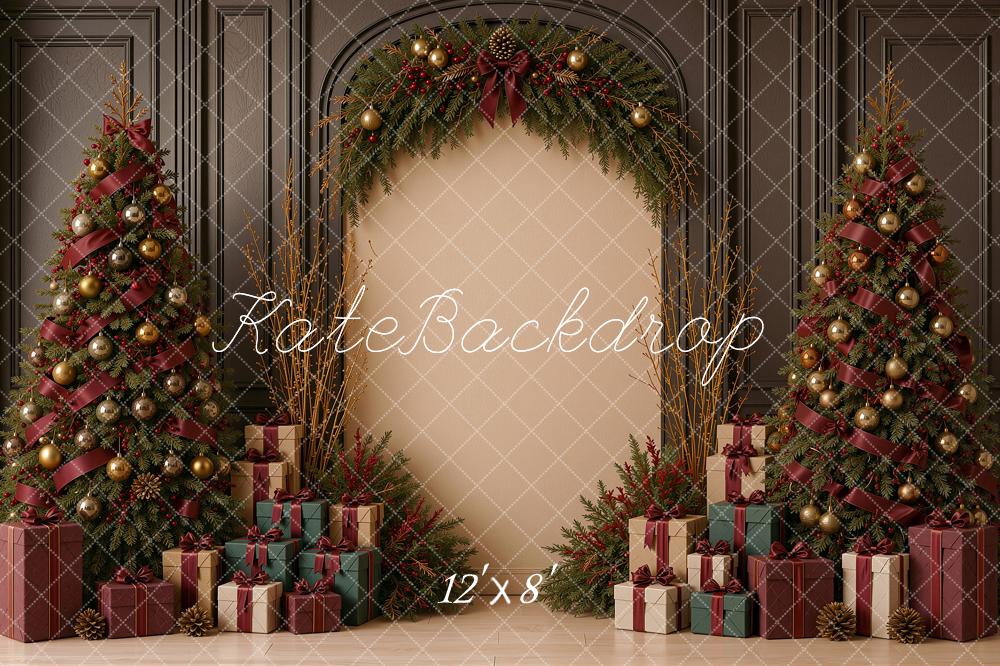 Kate Christmas Tree Red Ribbon Bow Arch Gift Vintage Printed Backdrop Designed by Shutter Swan Studios