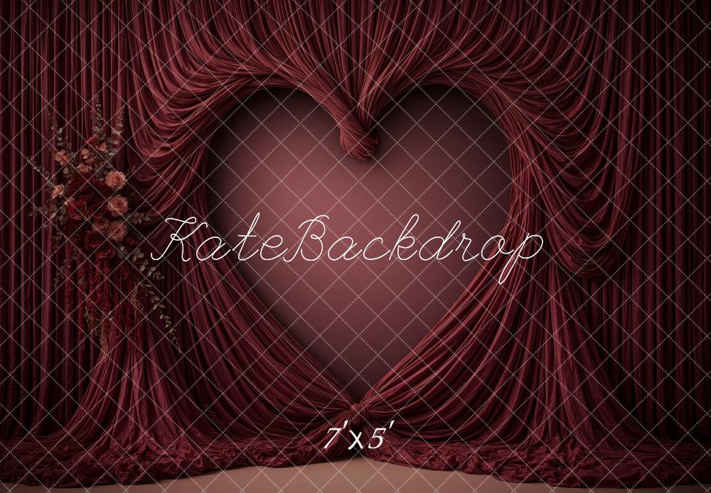 Kate Valentine's Day Burgundy Heart Draped Curtains Floral Printed Backdrop Designed by Ashley Ward