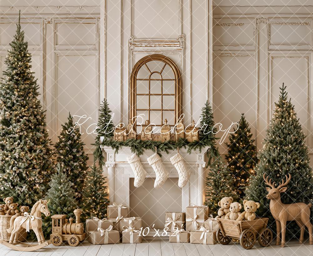 Kate Christmas Fireplace Trees Gifts Wood Reindeer Rocking Horse Printed Backdrop Designed by Emetselch