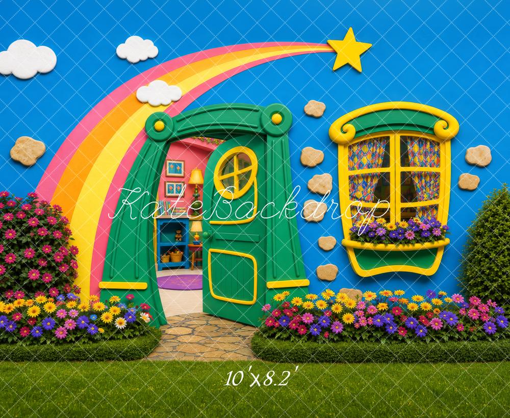 Kate Cake Smash Whimsical Rainbow Star Playhouse Garden Door Window Flowers Printed Backdrop Designed by Shutter Swan Studios