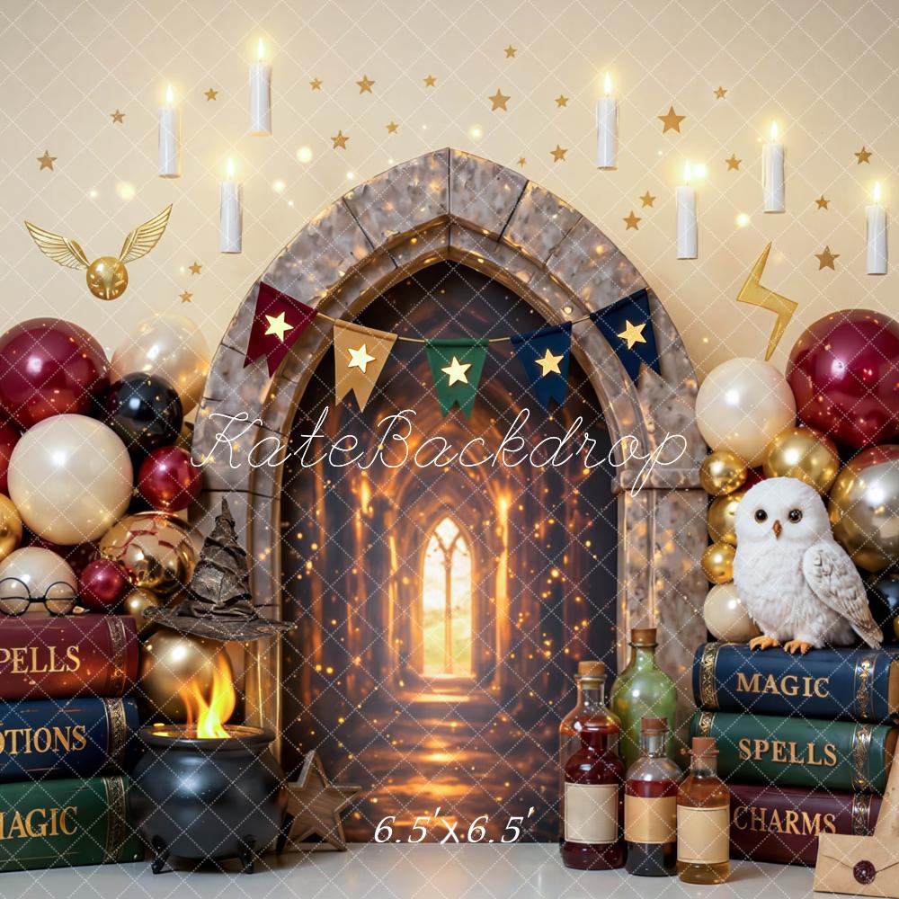 Kate Cake Smash Magic Castle Arch Balloons Spells Books Owl Printed Backdrop Printed Backdrop Designed by Mini MakeBelieve