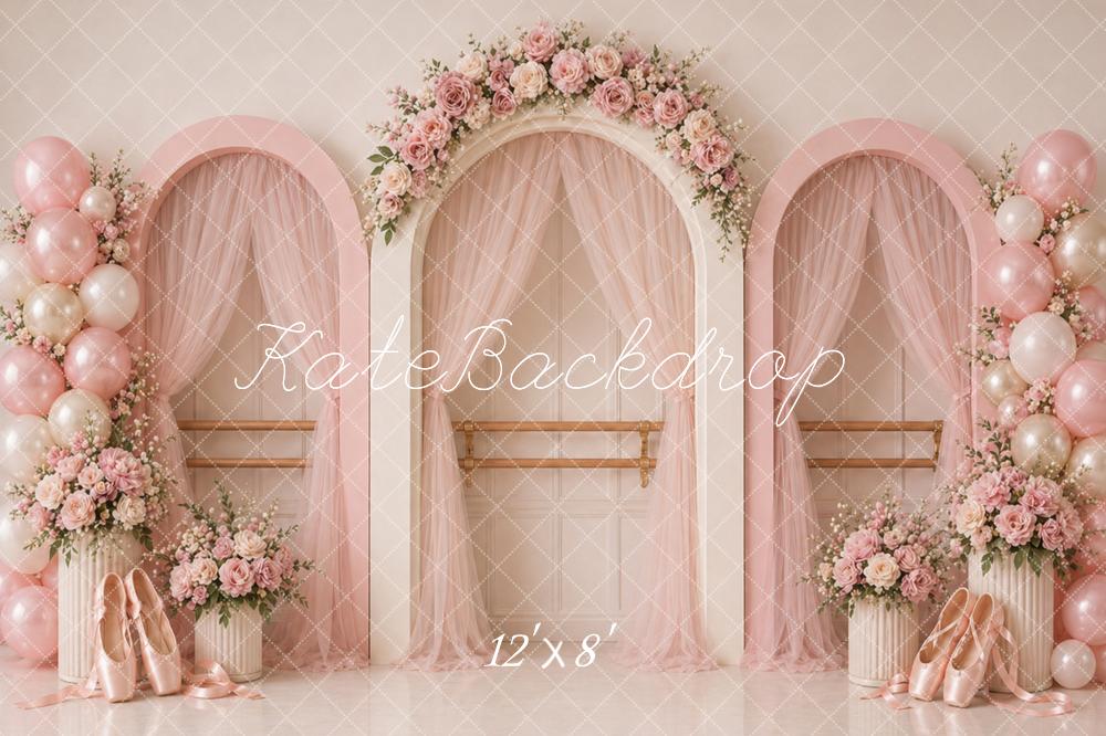 Kate Birthday Pink Ballet Studio Flower Arch Balloons Printed Backdrop Designed by Caitlin Lynch