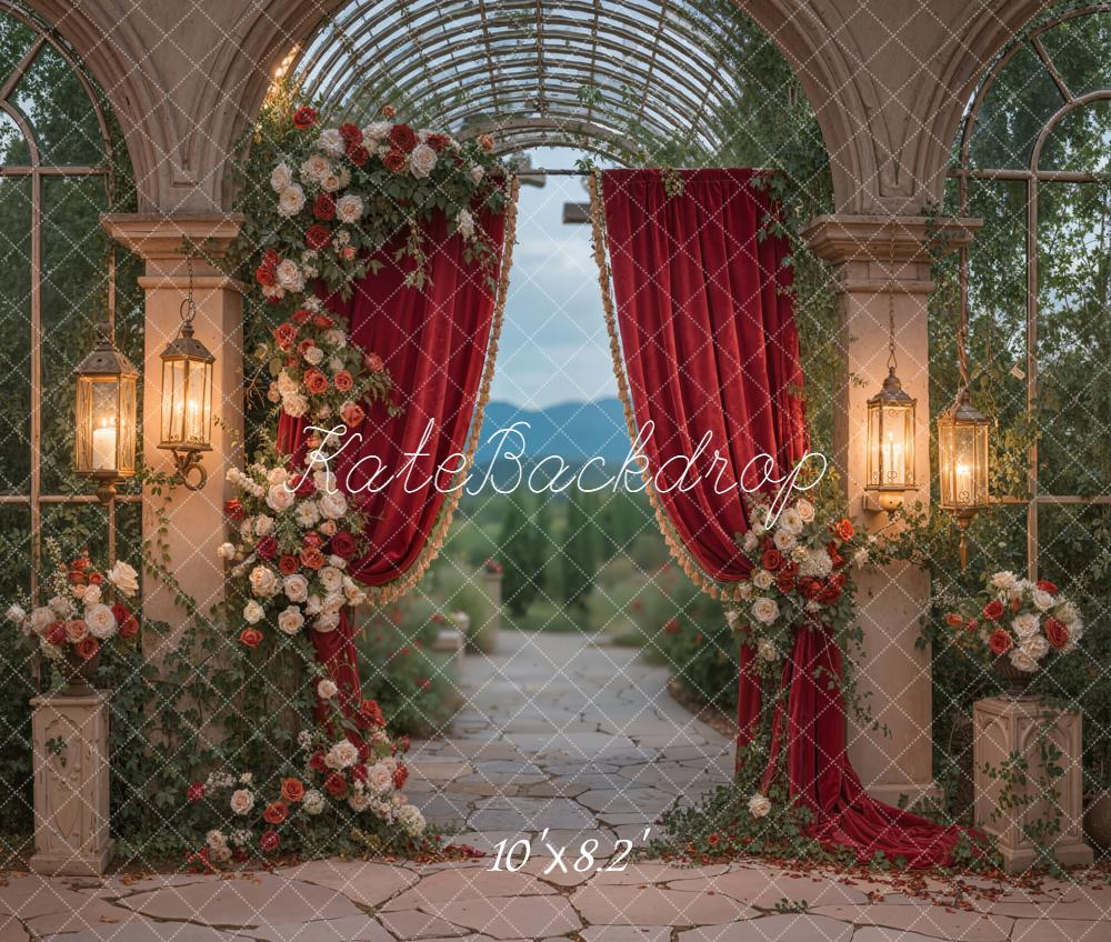 Kate Red Curtain Flower Arch Lantern Garden Backdrop Designed by Emetselch