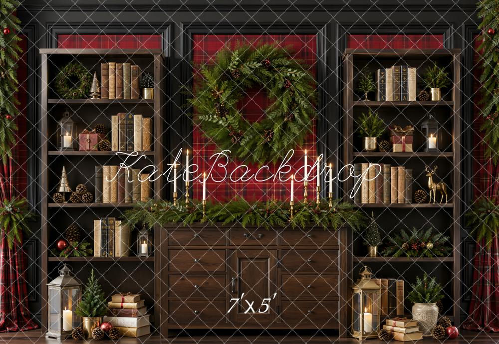 Kate Christmas Retro Library Wreath Brown Bookshelf Printed Backdrop Designed by Emetselch