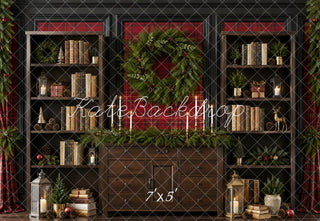 Kate Christmas Retro Library Wreath Brown Bookshelf Printed Backdrop Designed by Emetselch