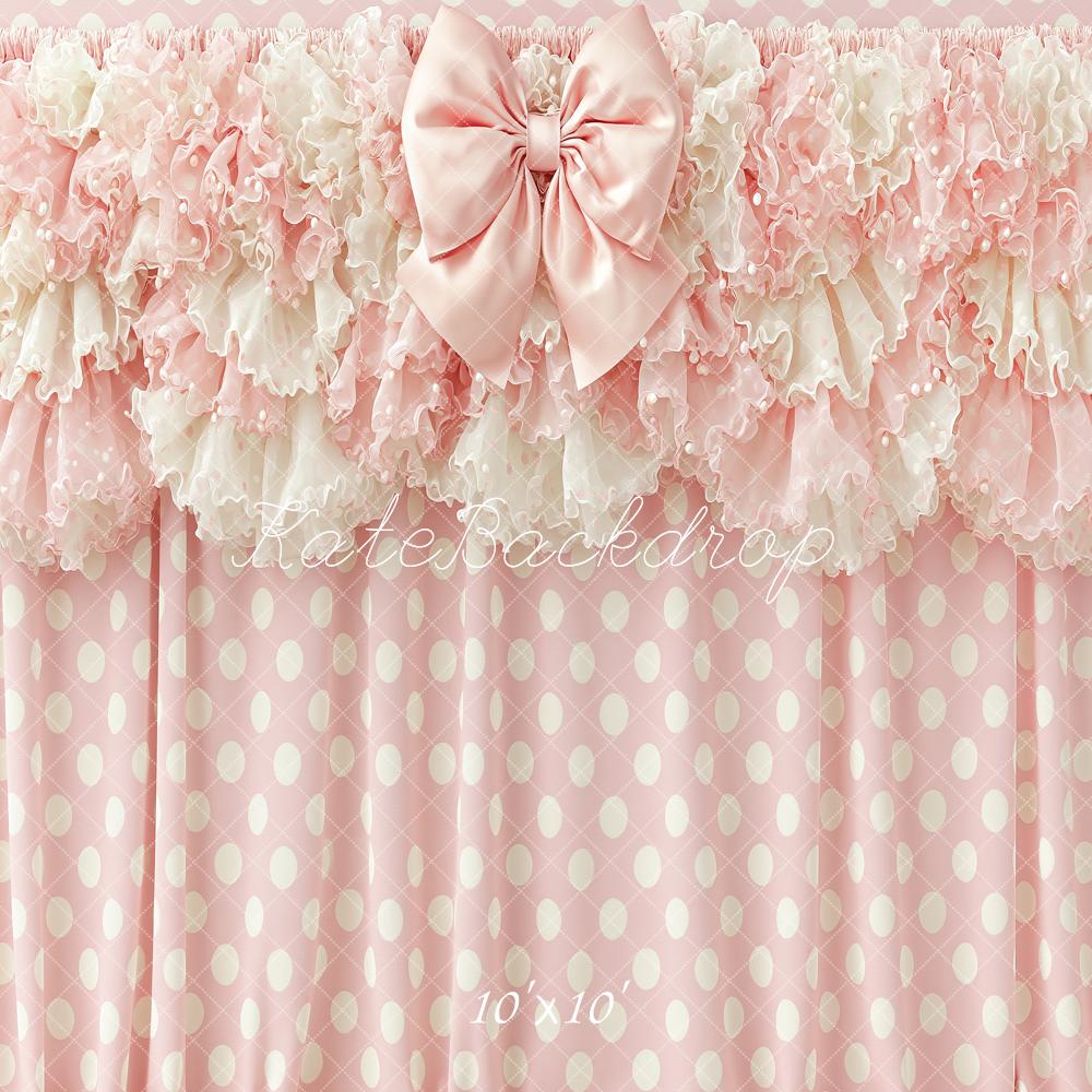 Kate Birthday Girls Pink Polka Dot Ruffle Bow Printed Backdrop Designed by Angela Miller