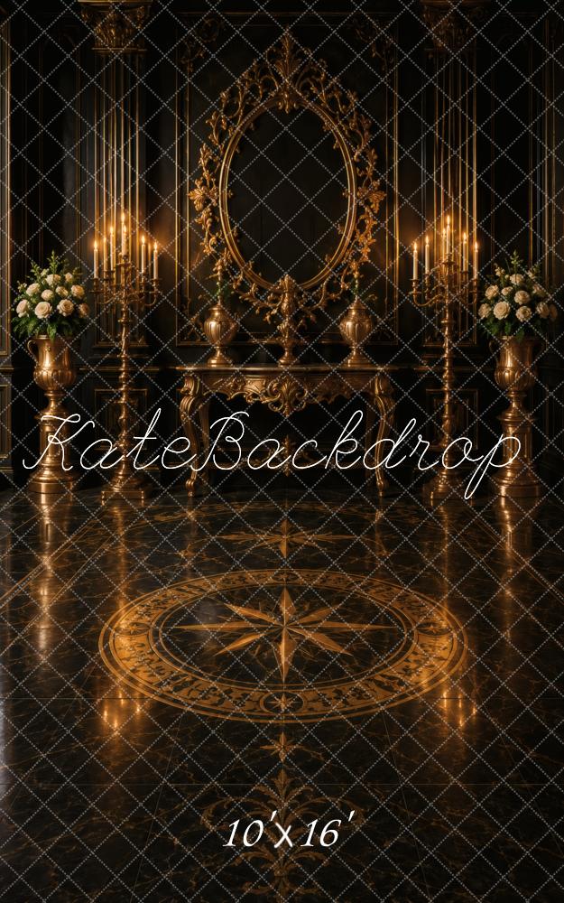 Kate Sweep Baroque Black And Gold Ornate Vanity Mirror Printed Backdrop Designed by Vertigo Productions