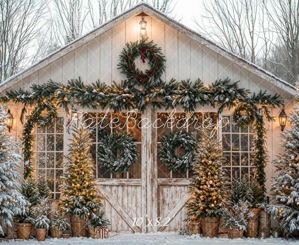 Kerst Rustic Cabin Snowy Trees Foto Achtergrond Designed by Emetselch