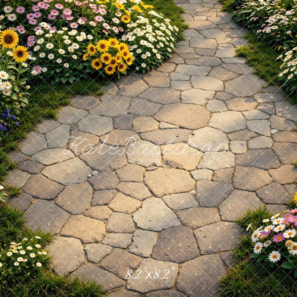 Kate Spring Cobblestone Pathway Colorful Garden Flowers Floor Backdrop Designed by Mini MakeBelieve