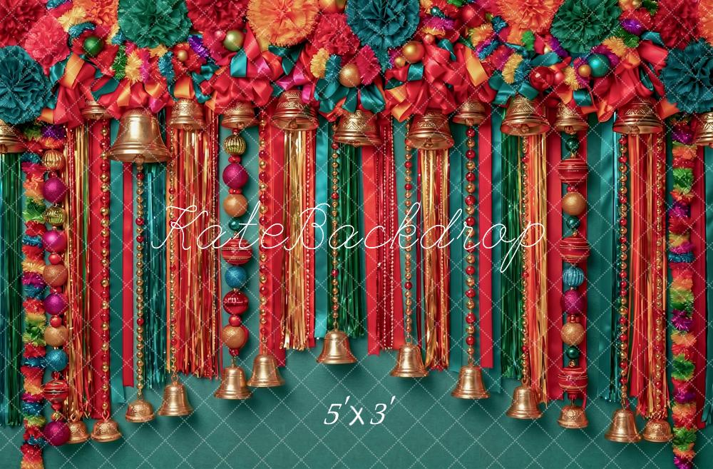 Kate Christmas Bell Ornament Garland Colorful Ribbons Printed Backdrop Designed by Angela Miller