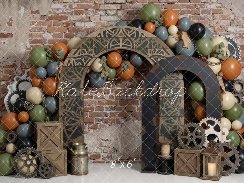 Kate Birthday Steampunk Arch Gears Balloons Brick Wall Boys Printed Backdrop Designed by Mini MakeBelieve