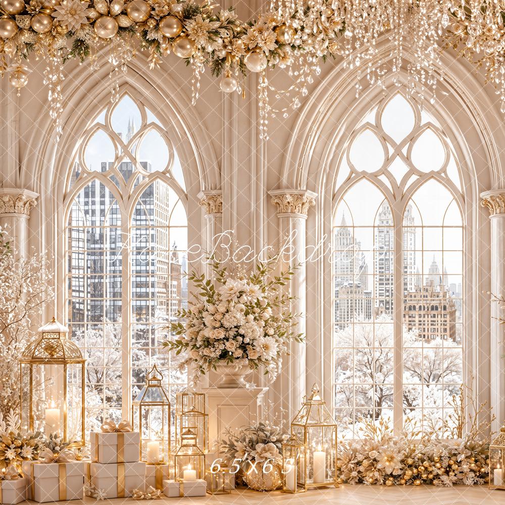 Kate Christmas Luxury White Floral Arched Windows Winter Cityscape Printed Backdrop Designed by Emetselch