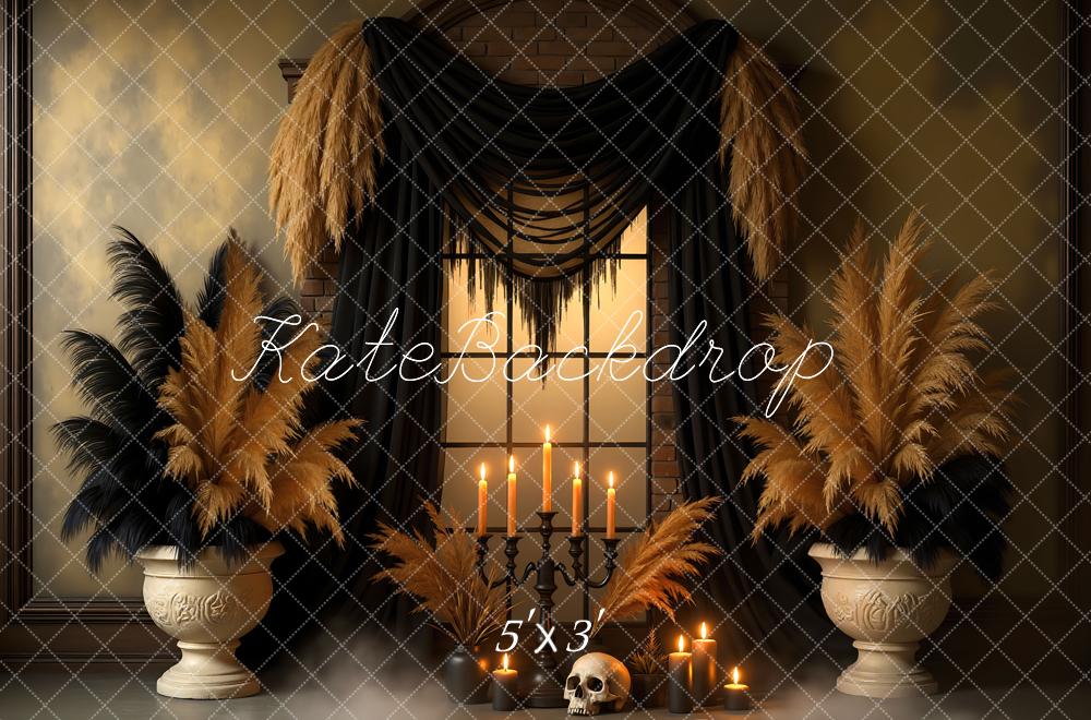 Kate Halloween Boho Pampas Grass Candles Skull Window Backdrop Designed by Mini MakeBelieve