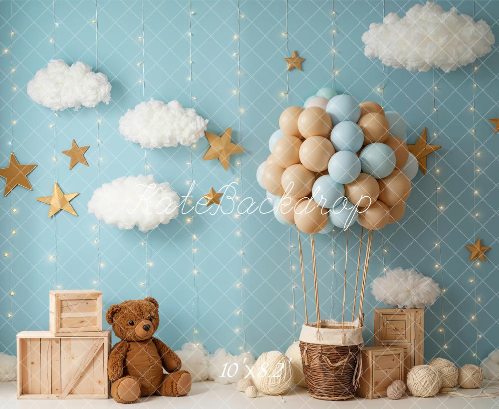 Kate Cake Smash Blue Hot Air Balloon Cloud Stars Teddy Bear Backdrop Designed by Emetselch