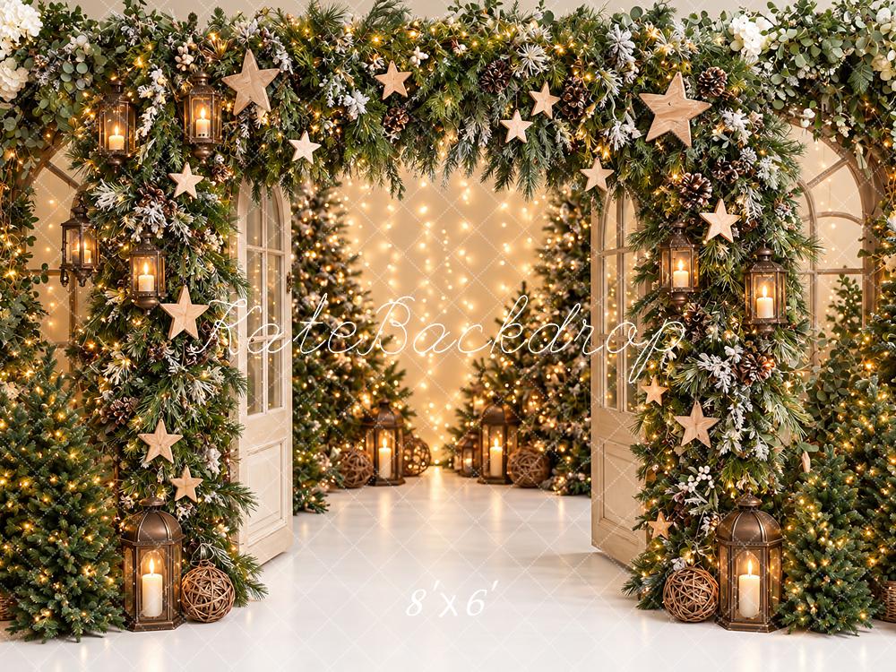 Kate Christmas Flower Arch Greenery Stars Lanterns Printed Backdrop Designed by Angela Miller