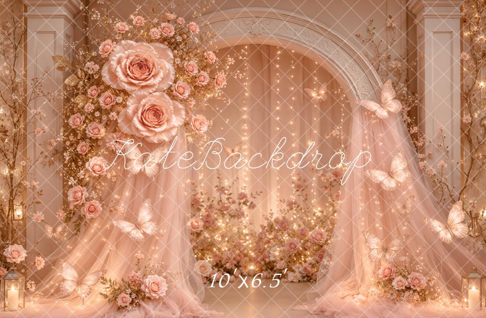 Kate Fairy Rose Arch Pink Drapes Butterflies Lights Printed Backdrop Designed by Emetselch