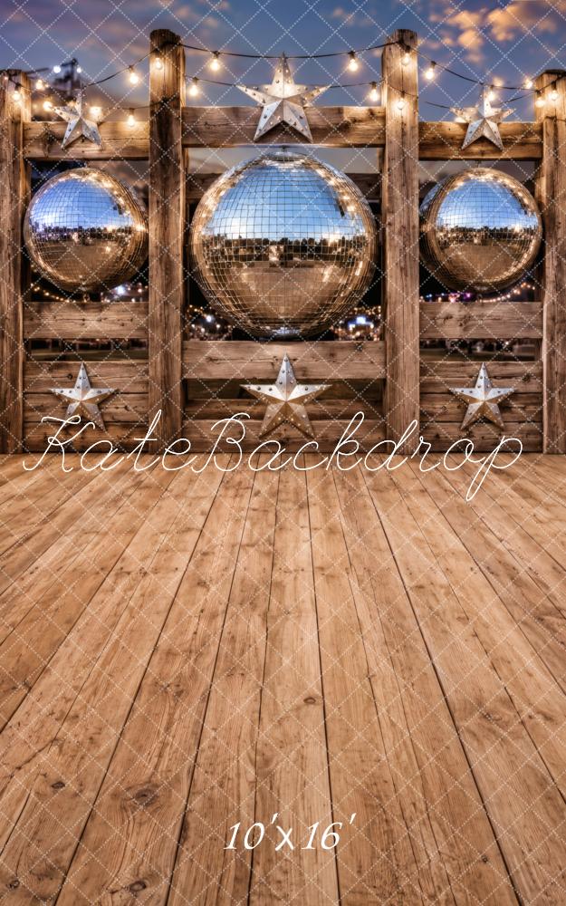 Kate Sweep Disco Ball Rustic Wood Stars String Lights Printed Backdrop Designed by Vertigo Productions