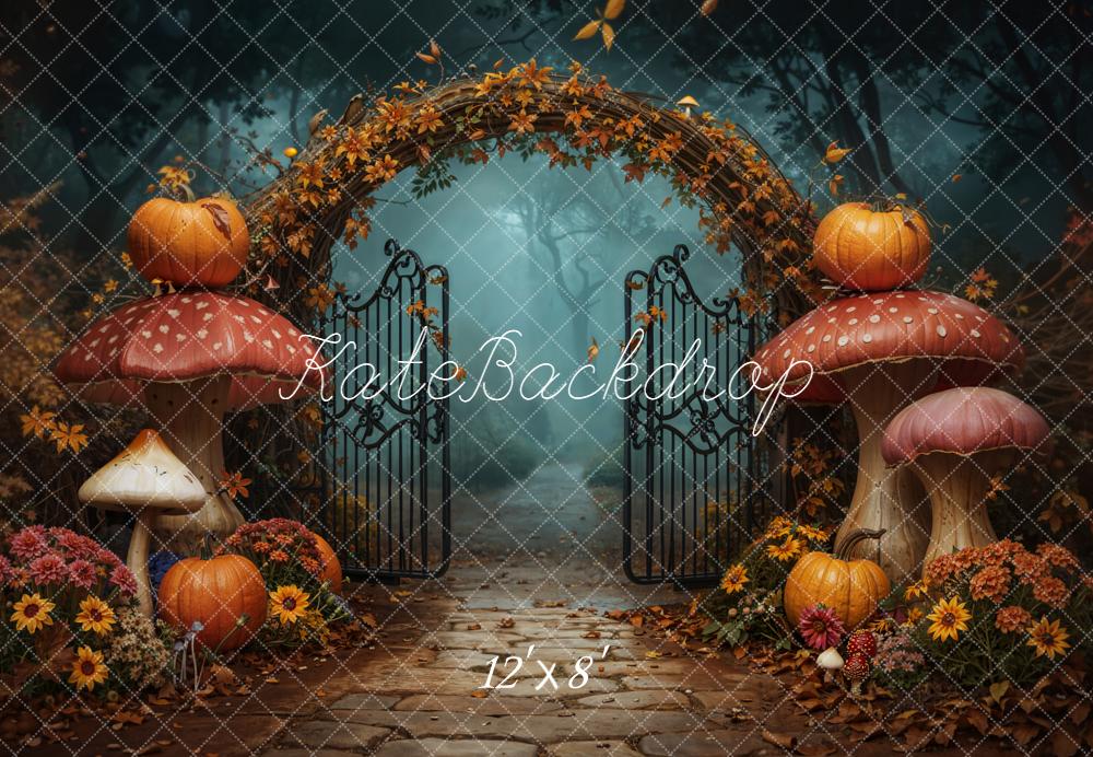 Halloween Mushroom Arch Pumpkins Gate Flowers Printed Backdrop Designed by Emetselch