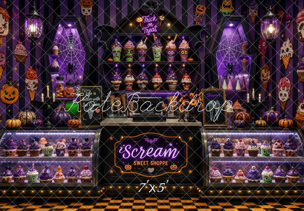Kate Halloween Ice Cream Purple Shoppe Cupcakes Display Cabinet Printed Backdrop Designed by Mini MakeBelieve