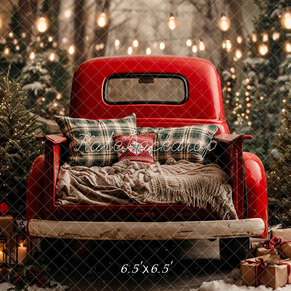 Kate Christmas Red Truck Pine Trees String Lights Backdrop Designed by Emetselch