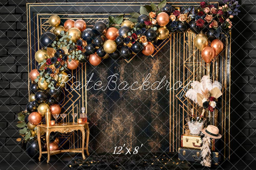 Kate Birthday Black Gold Art Deco Floral Balloon Champagne Garland Printed Backdrop Designed by Mini MakeBelieve