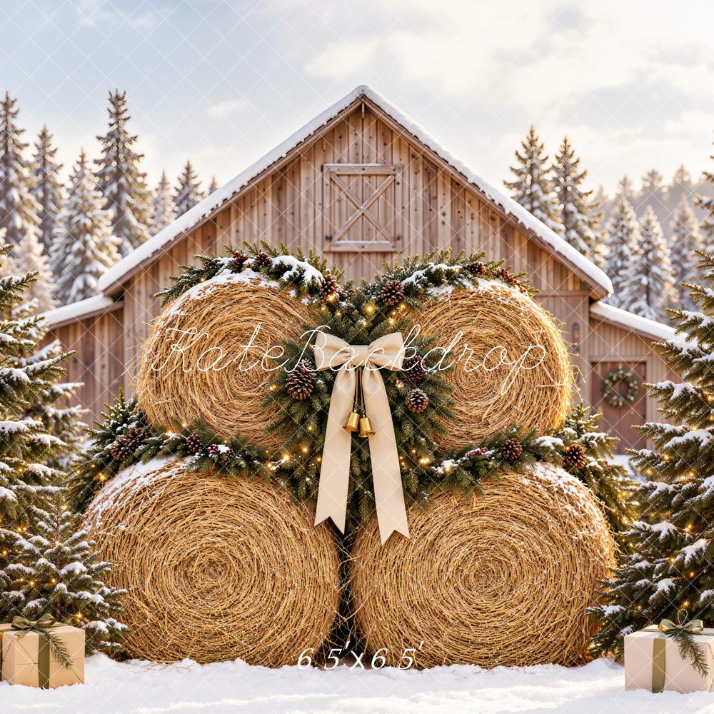 Kate Christmas Hay Bales Snowy Barn Pine Trees Bow Printed Backdrop Designed by Emetselch
