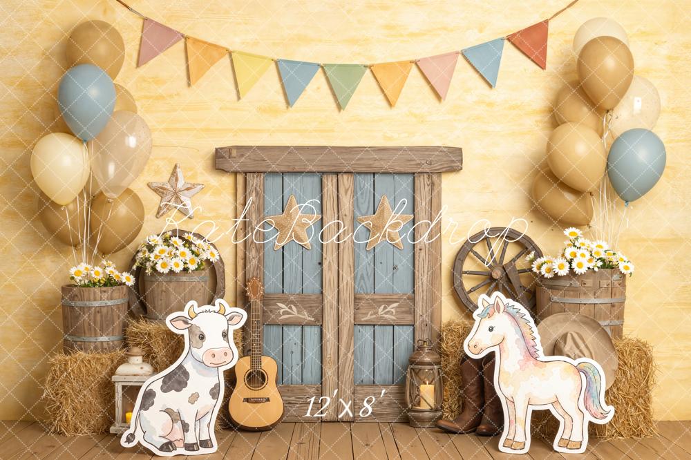 Kate Cake Smash Farmhouse Barn Door Cow Horse Balloons Printed Backdrop Designed by Chain Photography