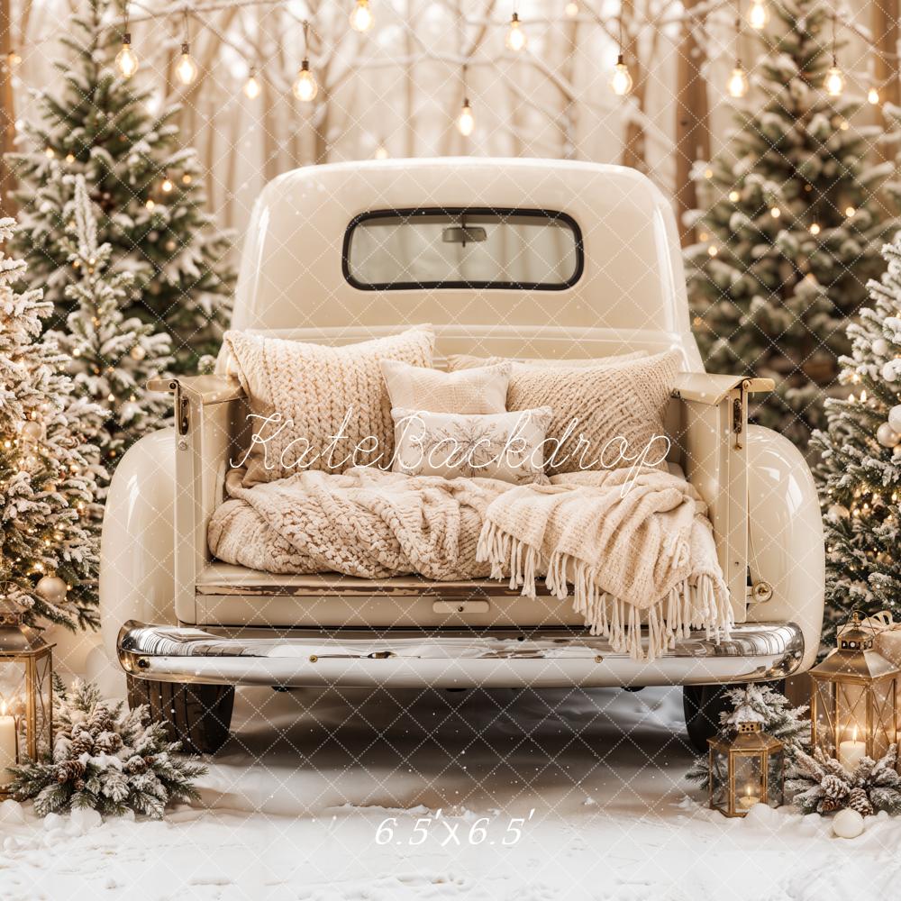 Kate Christmas Cream Vintage Truck Trees Gifts Rustic Printed Backdrop Designed by Emetselch