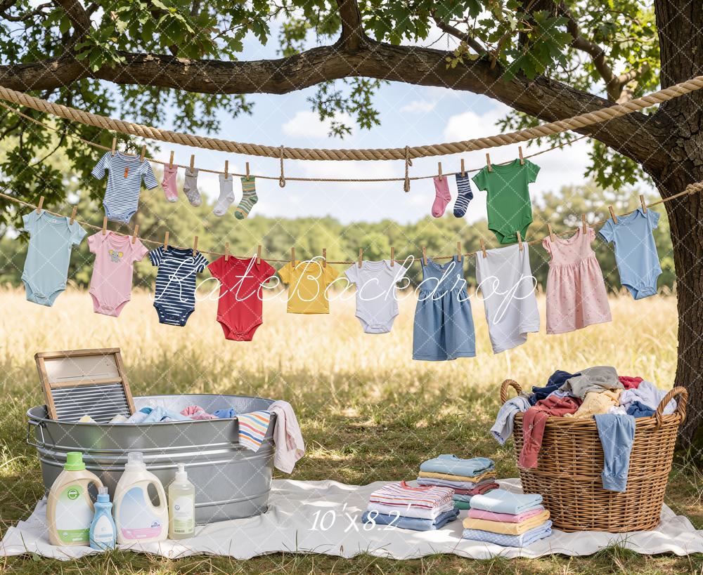 Kate Outdoor Clothesline Baby Laundry Picnic Scene Printed Backdrop Designed by Emetselch