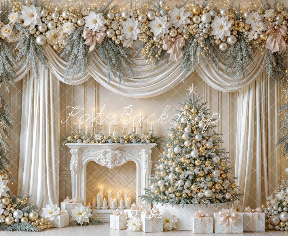 Kate Christmas Fireplace Ivory Gold Garland Tree Drapes Printed Backdrop Designed by Mini MakeBelieve