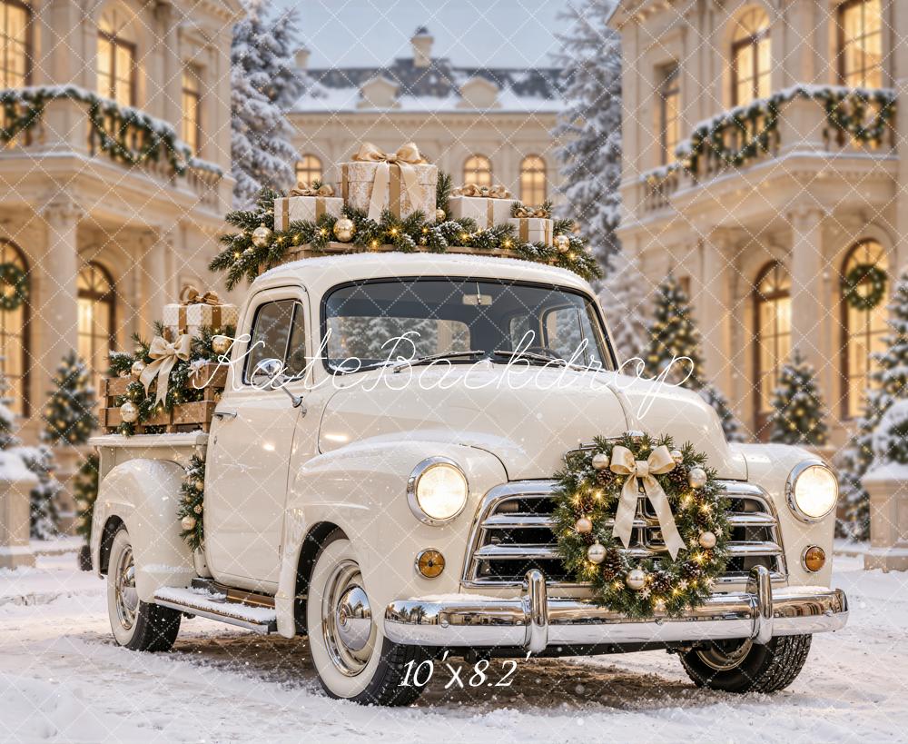 Kate Christmas Vintage Truck Gifts Snowy Courtyard Printed Backdrop Designed by Emetselch