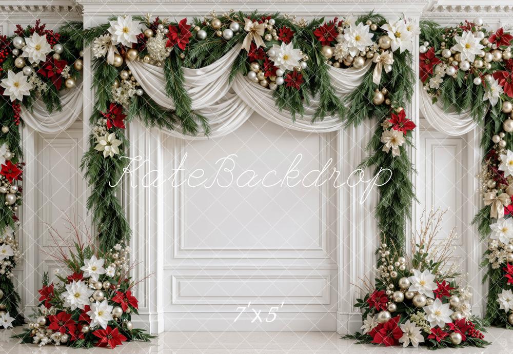 Kate Christmas Floral Garland Draped Panel Wall Printed Backdrop Designed by Mini MakeBelieve