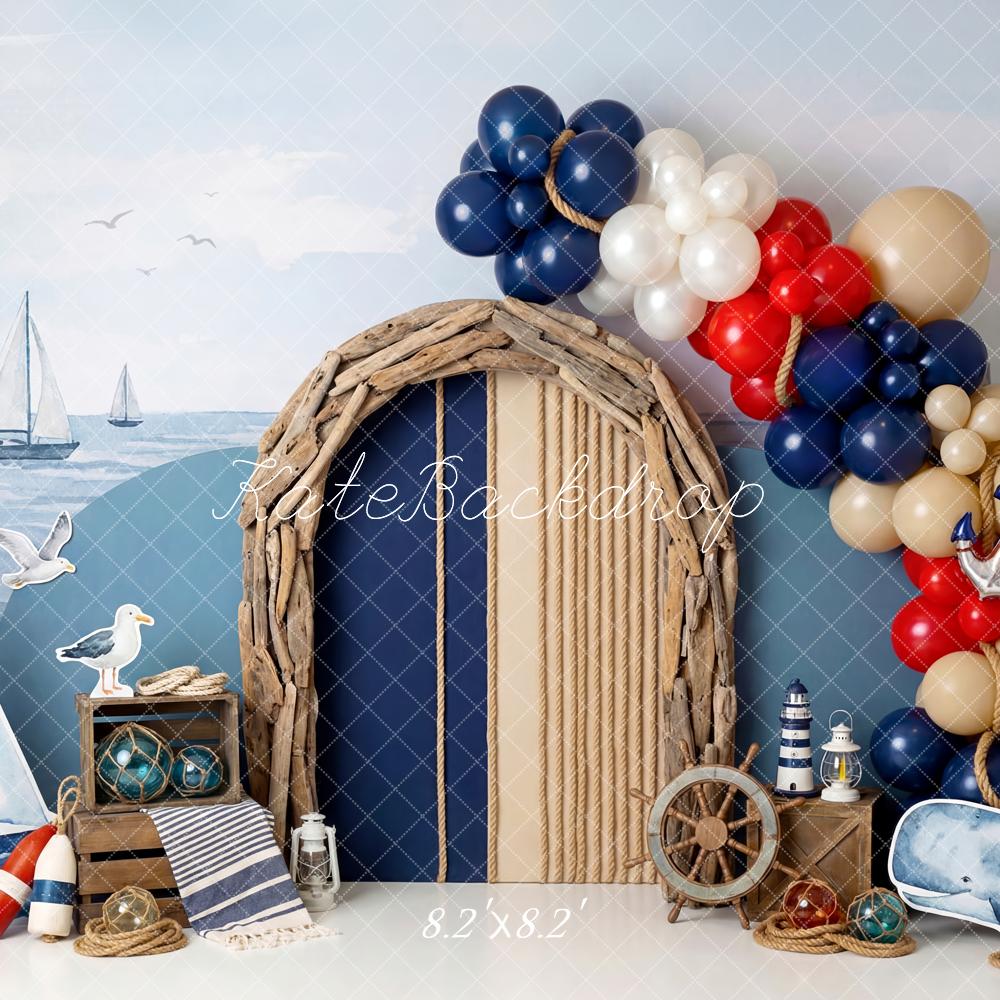 Kate Cake Smash Nautical Sailboats Lighthouse Driftwood Arch Balloons Printed Backdrop Designed by Patty Roberts