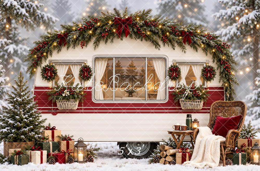 Kate Christmas Camper Snowy Forest Garland Tree Chair Printed Backdrop Designed by Emetselch