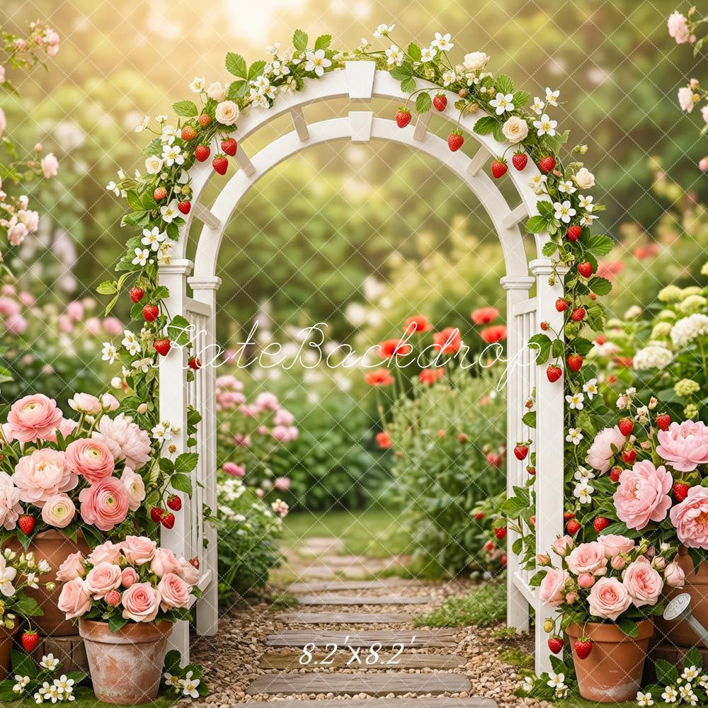 Kate Flower Arch Strawberry Rose Garden Printed Backdrop Designed by Patty Roberts